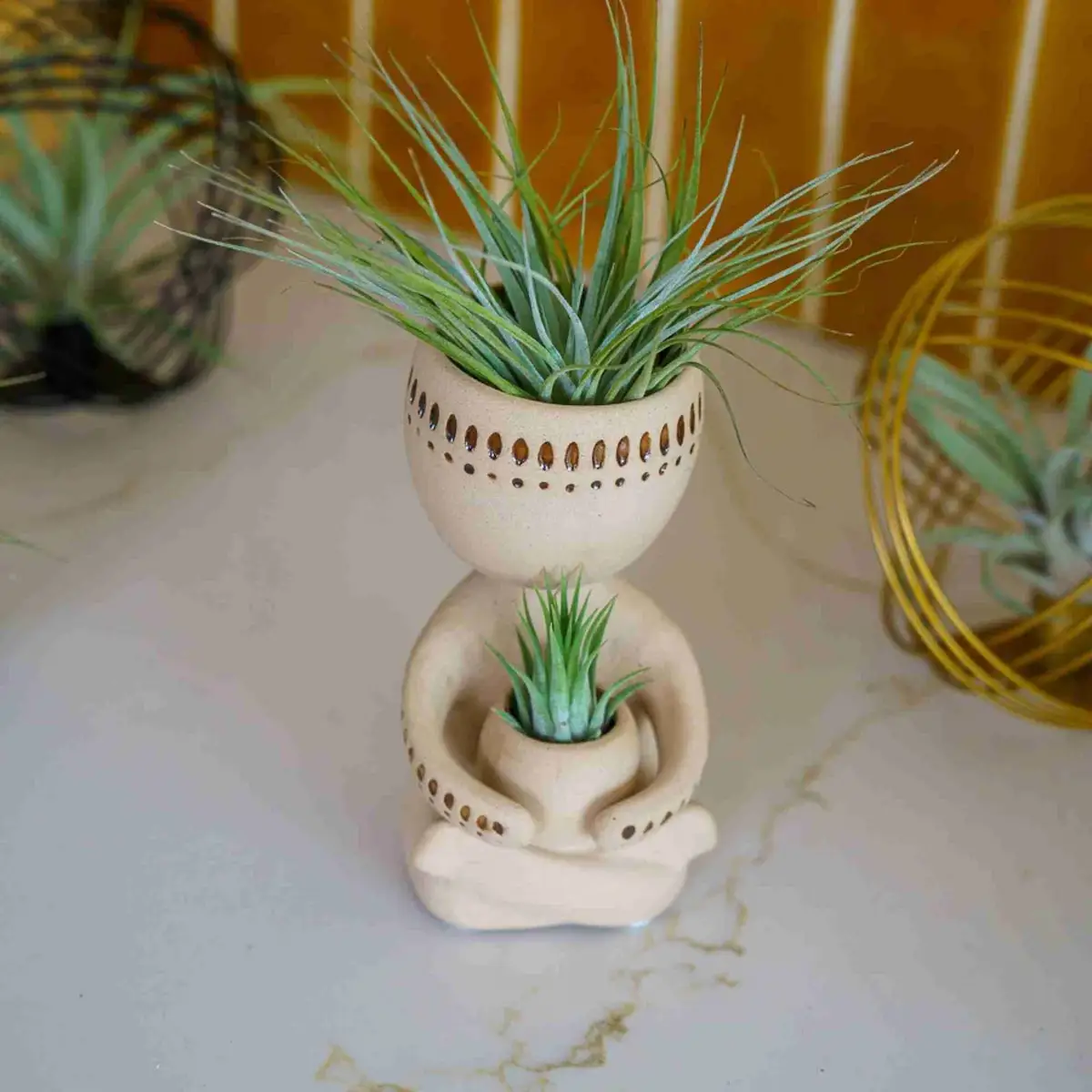 Luchtplant houder zandkleurig poppetje in een keuken setting met Tillandsia airplants