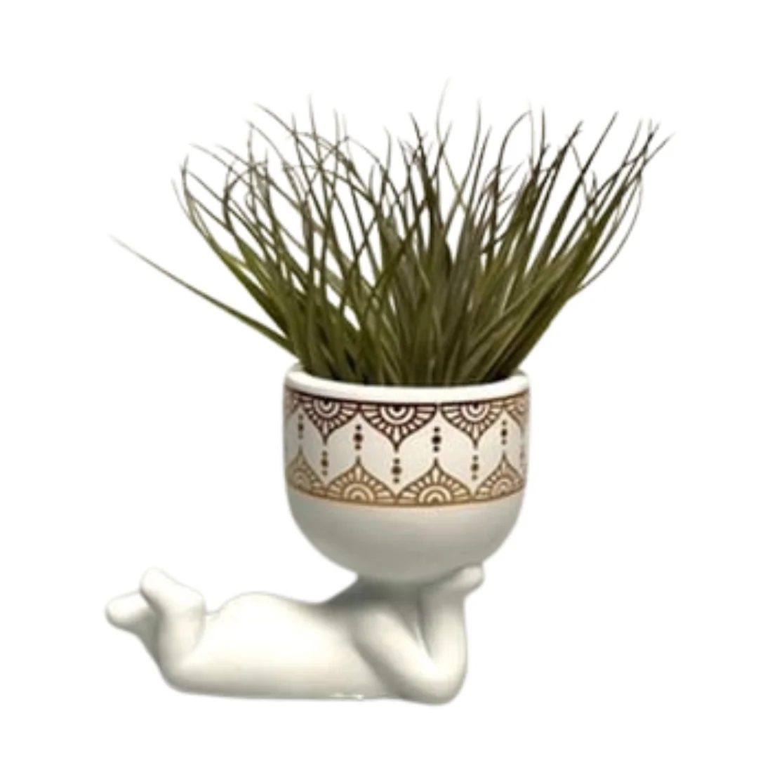 Liggend wit keramiek vaasje in de vorm van een poppetje met een Tillandsia airplant